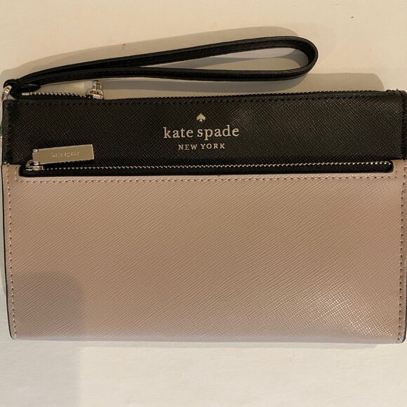 Kate Spade Staci Colorblock medium l-zip wristlet Warm Beige with Black Leather - Picture 1 of 13